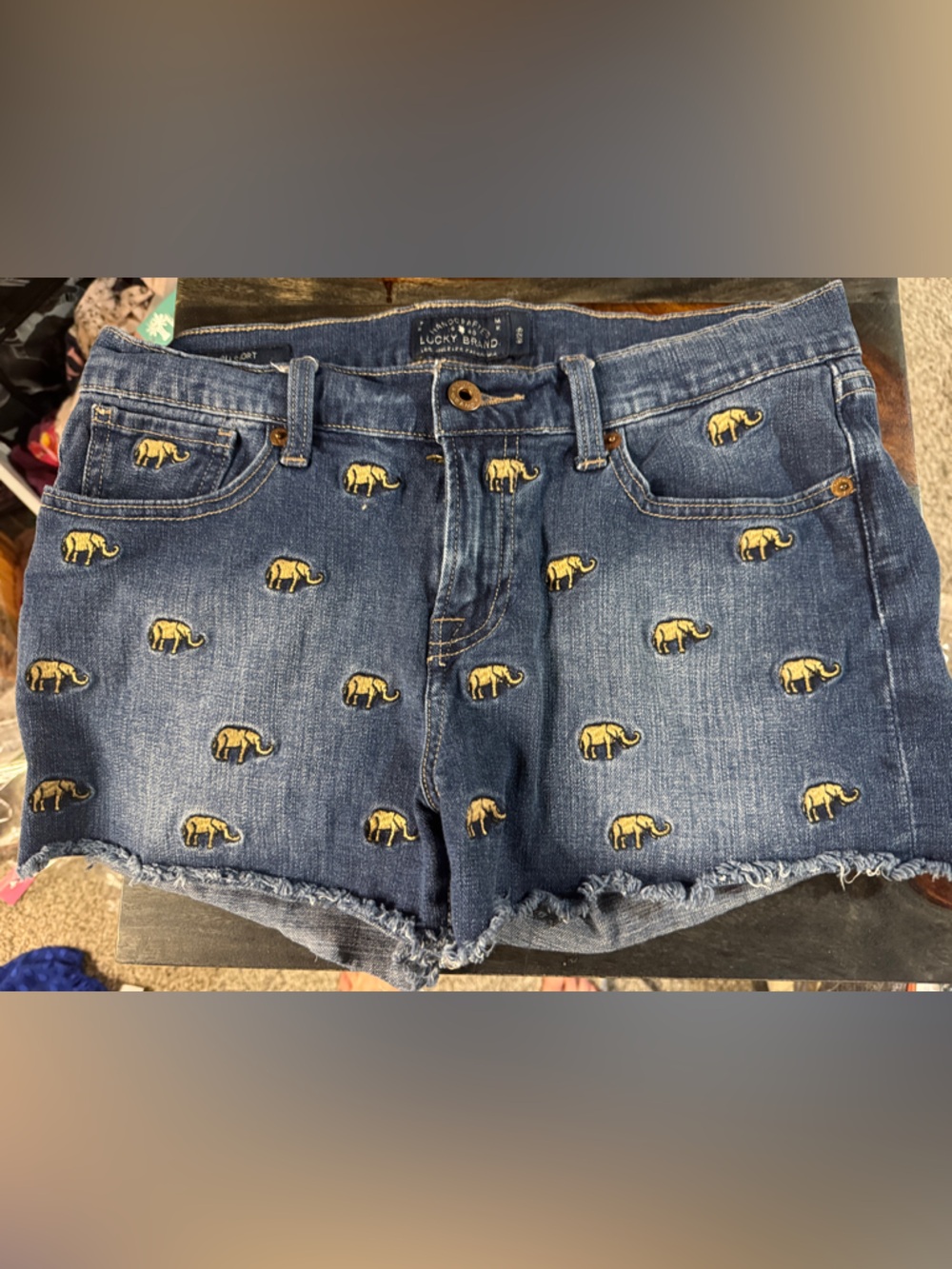Lucky Brand Blue Denim Shorts with Yellow Elephant Embroidery